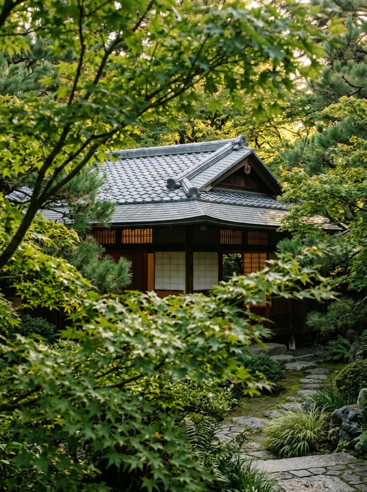 Grey tiled roof of a garden pavilion appearing through dense green foliage