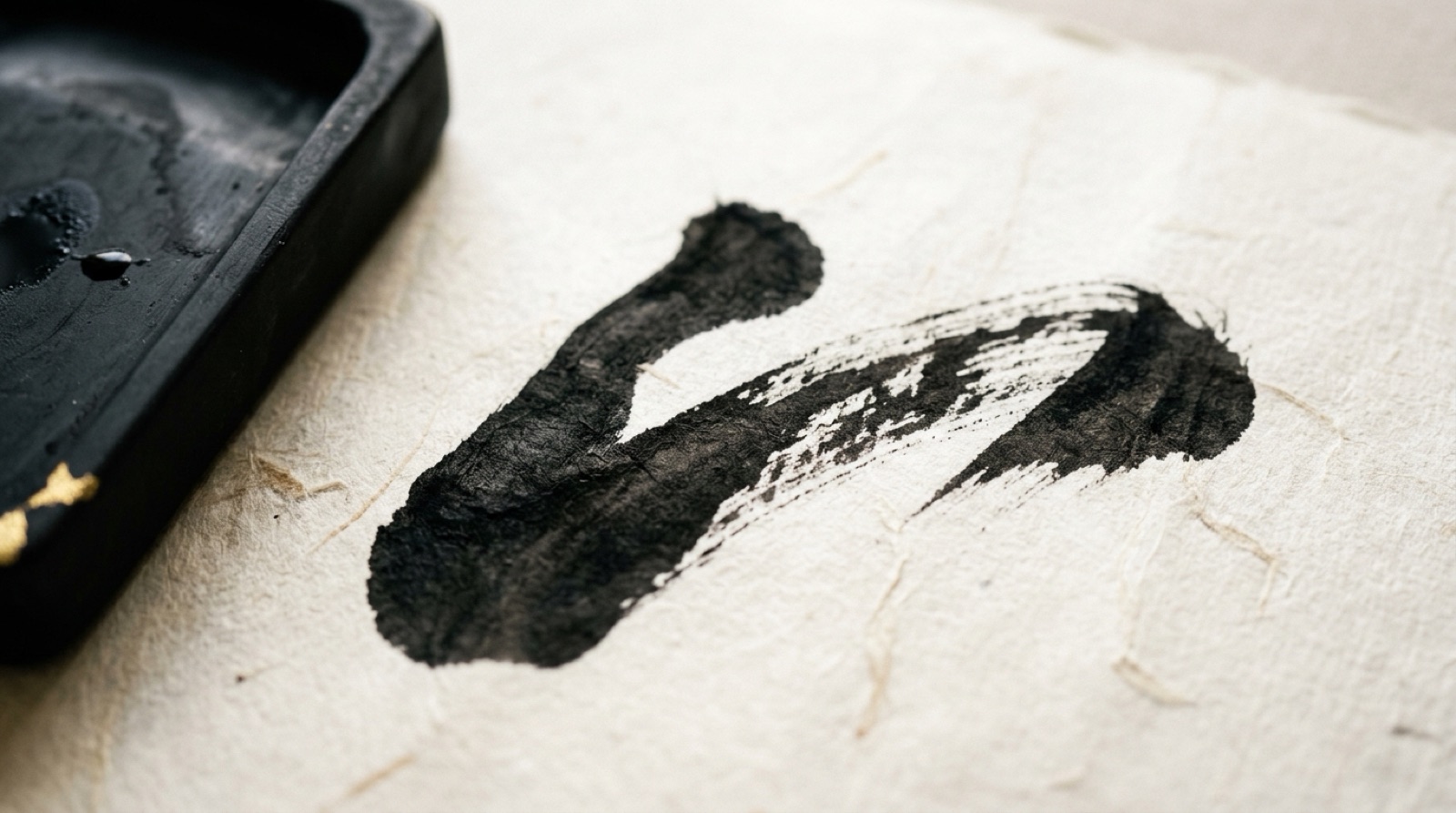 Abstract sweep of black ink on textured rice paper, brushwork in close-up