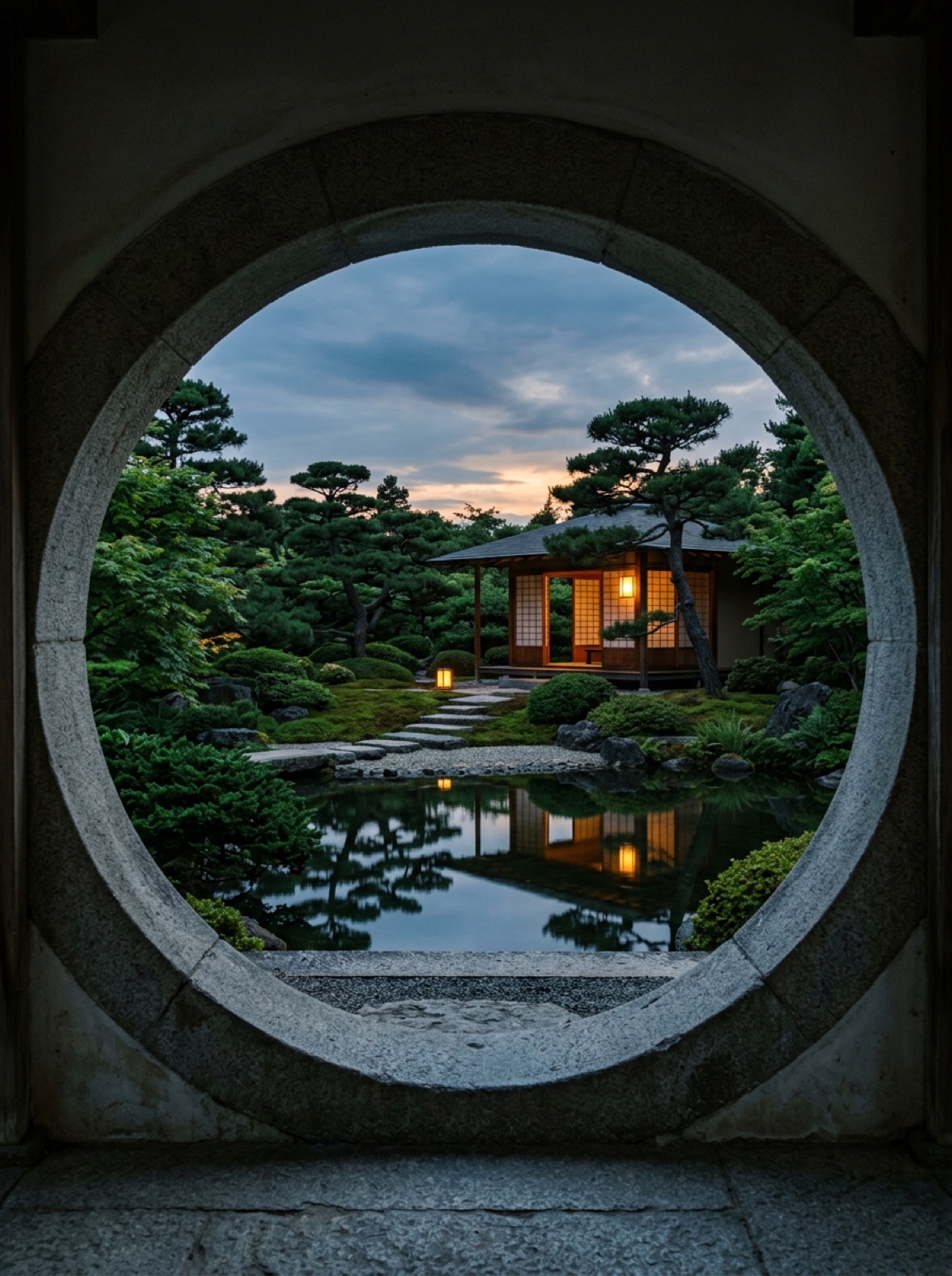 View through a circular moon gate onto a modern Asian garden with a pavilion and still pond at dusk