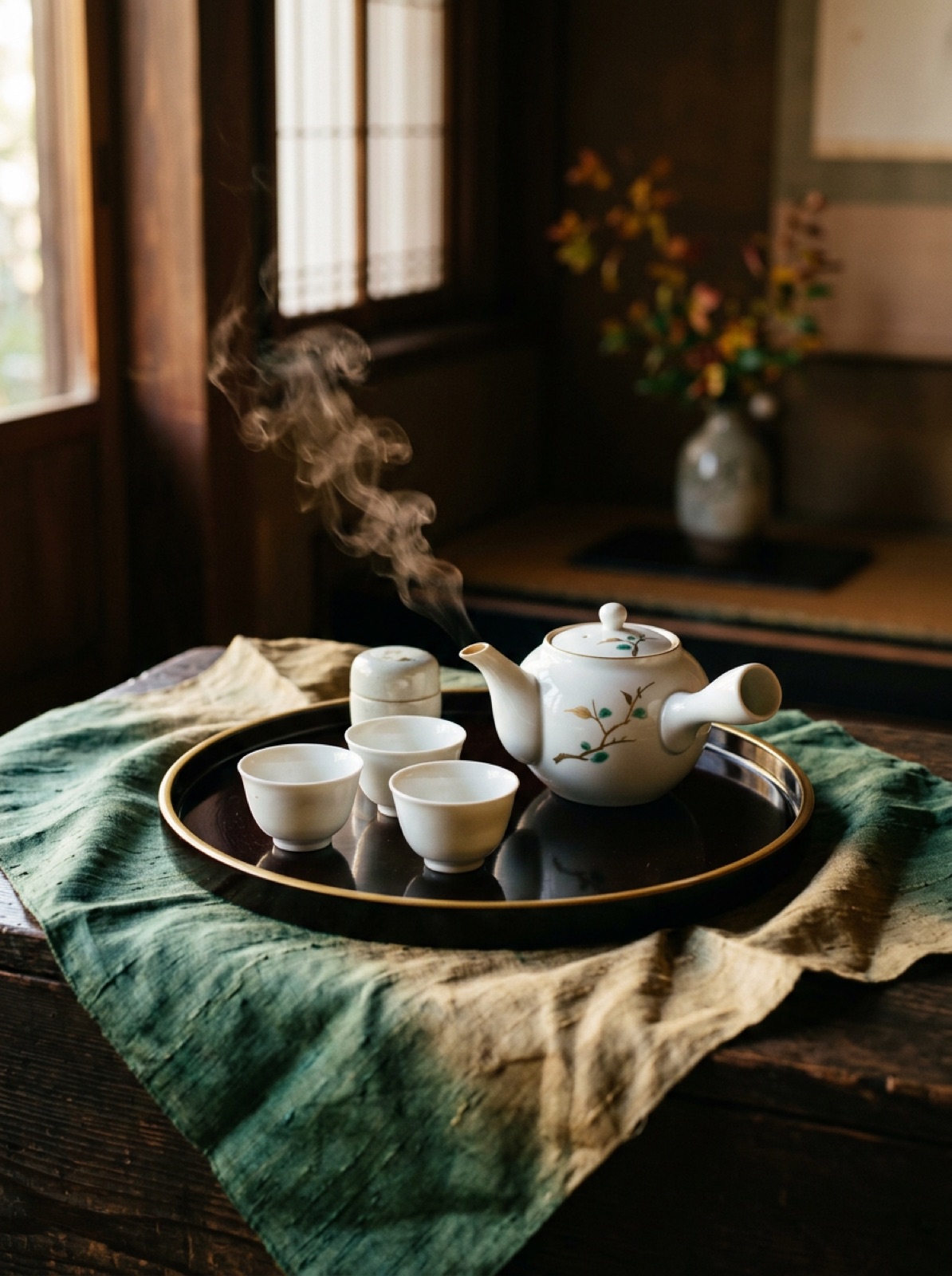 A porcelain tea service arranged on a dark lacquer tray, steam rising in warm light
