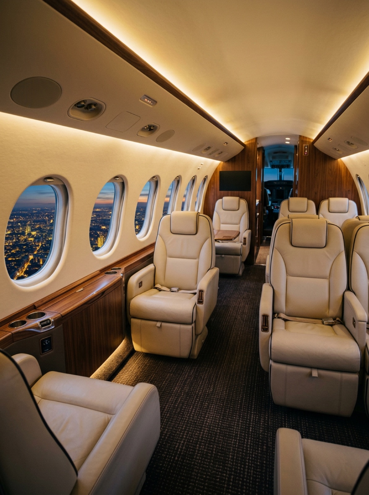 Warmly lit private jet cabin with cream leather seats and a city skyline glowing at dusk beyond the windows